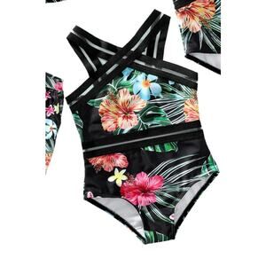NWT Crisscross One Piece Swimsuit Front Girl Black Floral Tropical 4-5Y